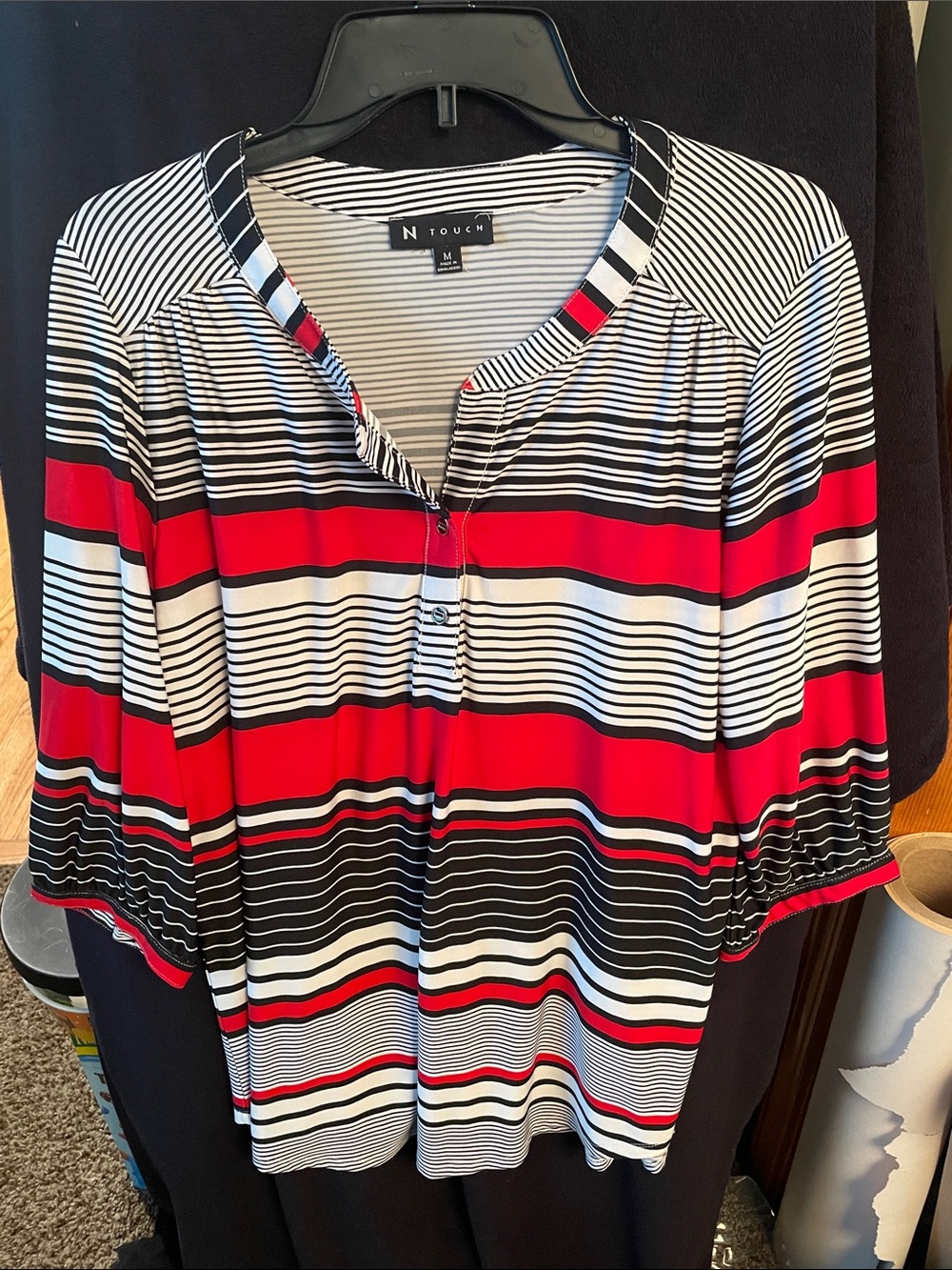 N Touch Red, Black & White Striped Henley Blouse